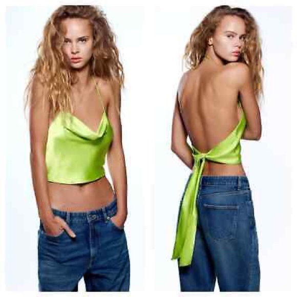 Zara Lime green satin backless crop top with halter strap - Picture 5 of 7